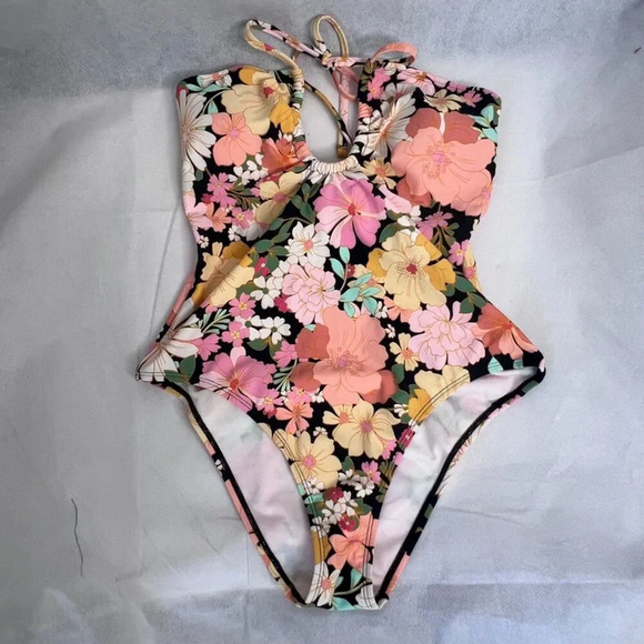 Shade & Shore NWT One Piece Floral Swimsuit Tie Neck & Back Size S(4-6) - Picture 13 of 13